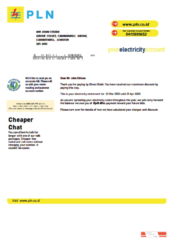 Indonesia PLN electricity utility bill template in Word and PDF format